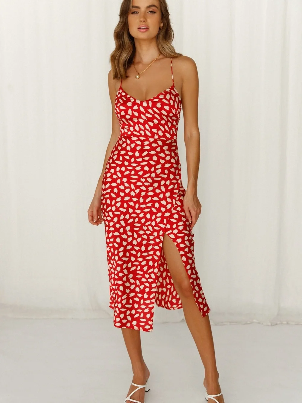 Hello Molly Red and White Printed Midi Slip Dress - Picture 2 of 12